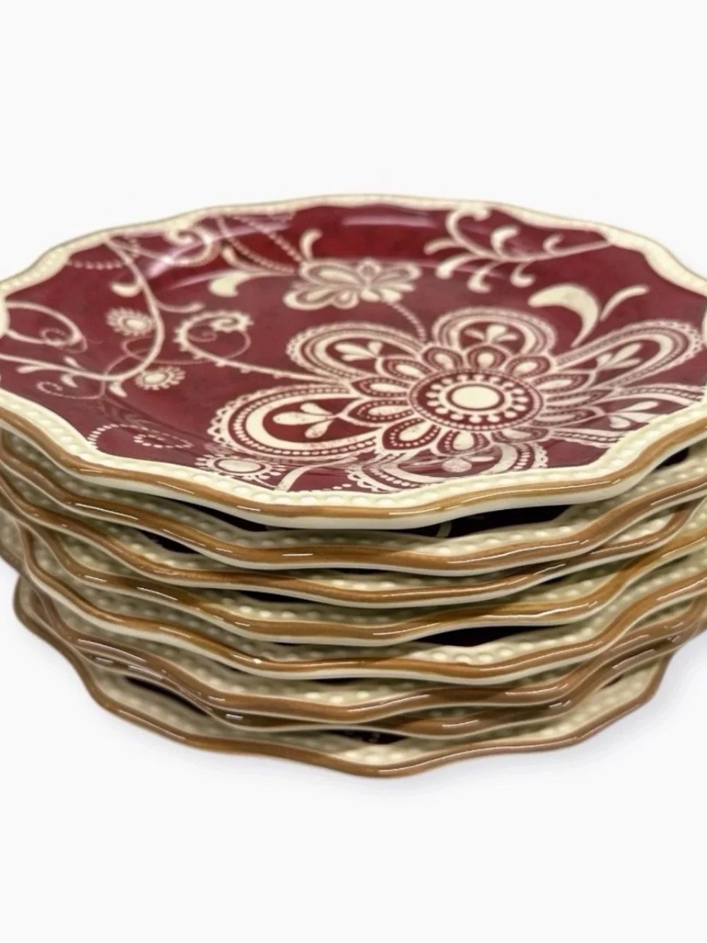 Pier 1 Imports Maribeth Burgundy Floral Scalloped Salad Plates 8 7/8” Set of 8